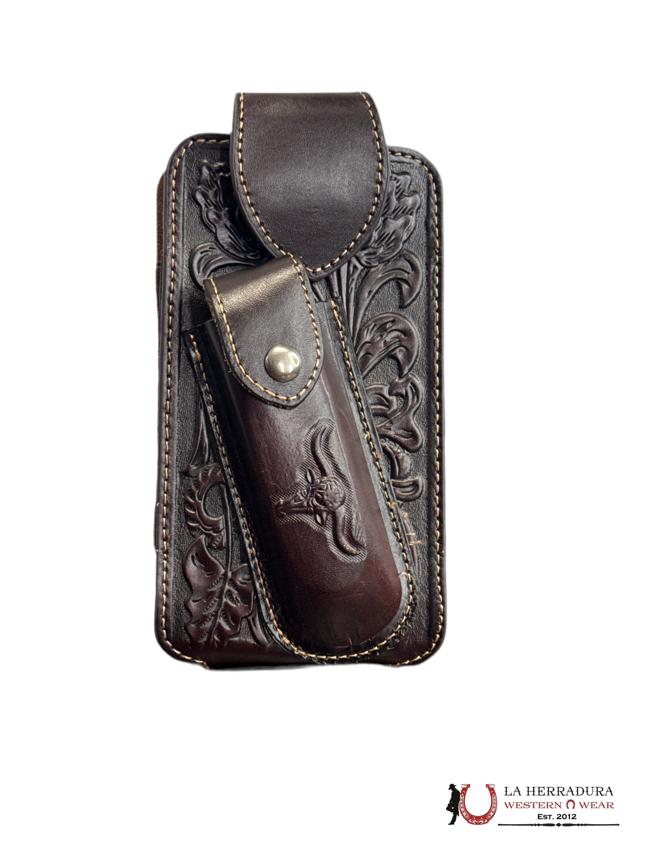 DARK BROWN CINCELADO BULLHEAD PHONE & KNIFE CASE