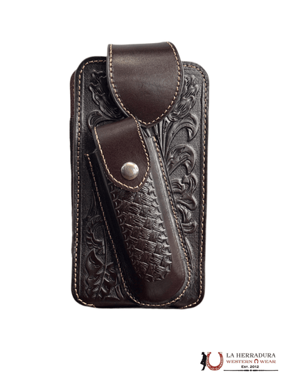FUNDA DE TELÉFONO Y CUCHILLO DE CUERO MARRÓN OSCURO CINCELADO