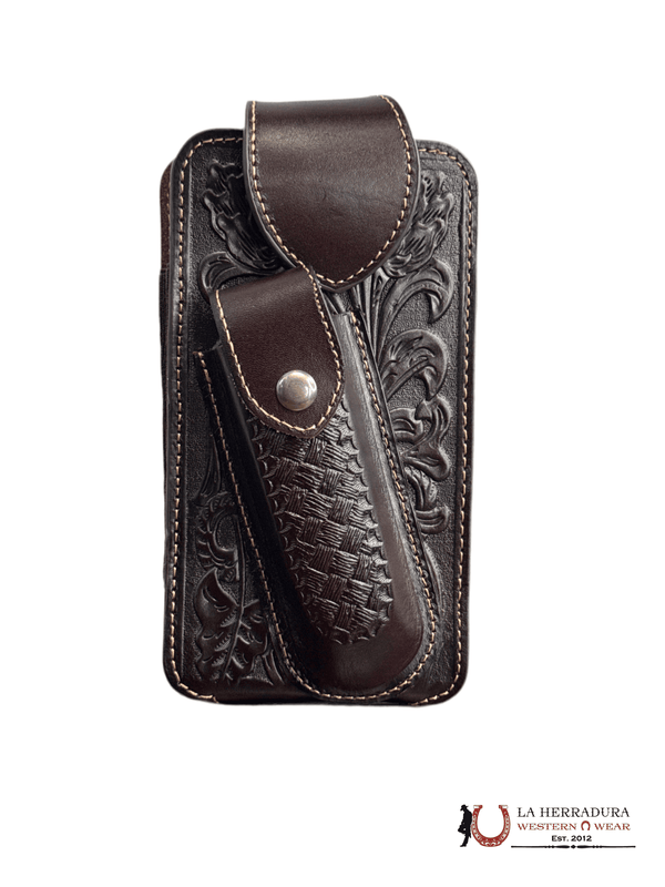 FUNDA DE TELÉFONO Y CUCHILLO DE CUERO MARRÓN OSCURO CINCELADO