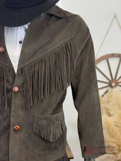 CHAQUETA DE HOMBRE DE CUERO AUTÉNTICO CON FLECOS MARRÓN OSCURO