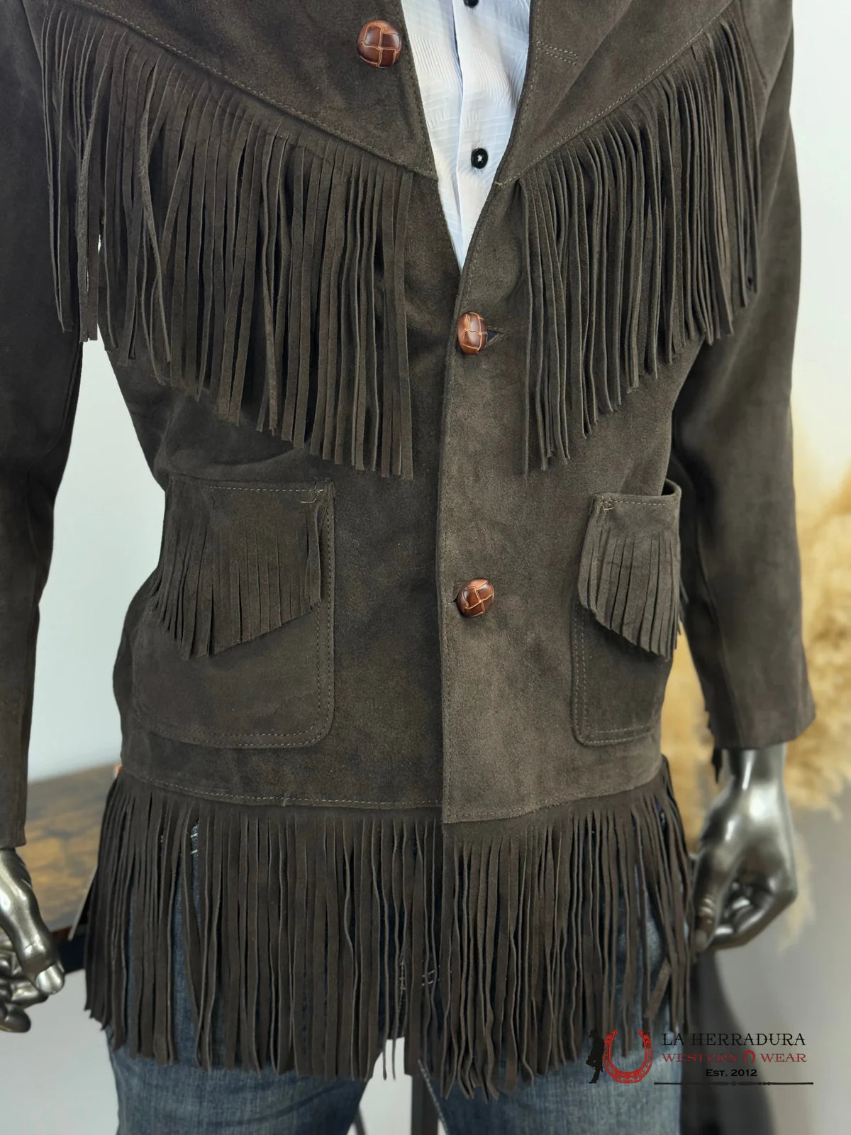 MENS GENUINE LEATHER FRINGE DARK BROWN JACKET