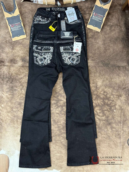 DIANA ROCK VAQUERO NEGRO DE CORTE RECTO CON STRASS Y COSTURAS GRISES