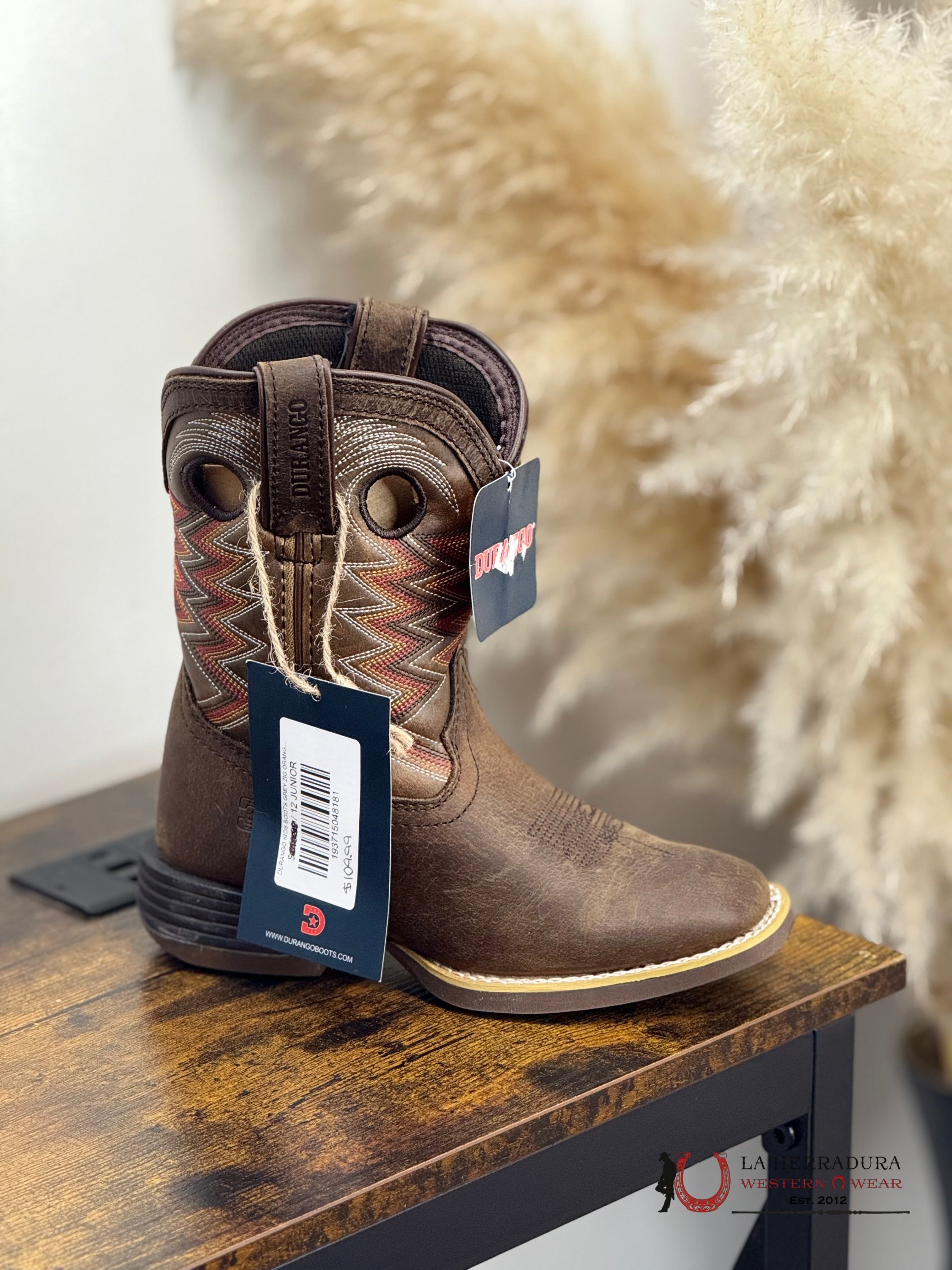 DURANGO KIDS BOOTS GREY ZIG ORANGE BLACK STITCH -DBT0226 NIÑOS