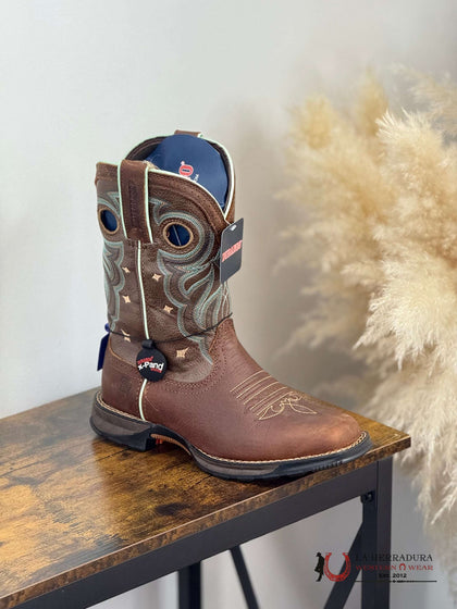 BOTA DE TRABAJO PARA MUJER DURANGO ANTIDESLIZANTE E IMPERMEABLE MARRÓN CON COSTURAS AZULES DRD0417