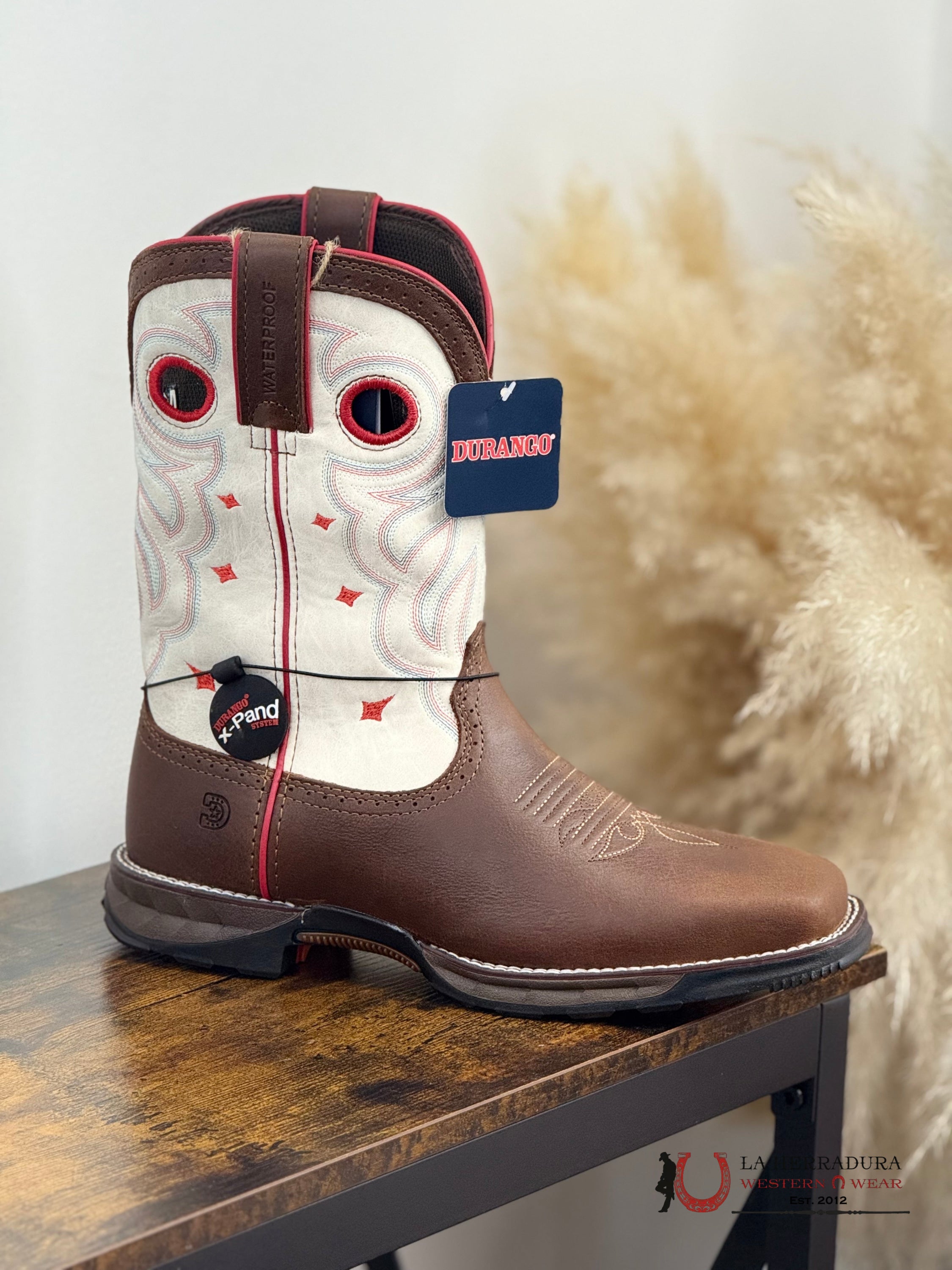 DURANGO WOMENS WORK BOOTS DARK BROWN WHITE TUBE WATER PROOF STEEL TOEDR D0418 BOTAS MUJERES