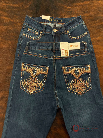 D’VINE ANTIQUE BLUE BROWN STITCHING BROWN AND GOLD FLOWER EMBROIDERY BOOT CUT  AD-595
