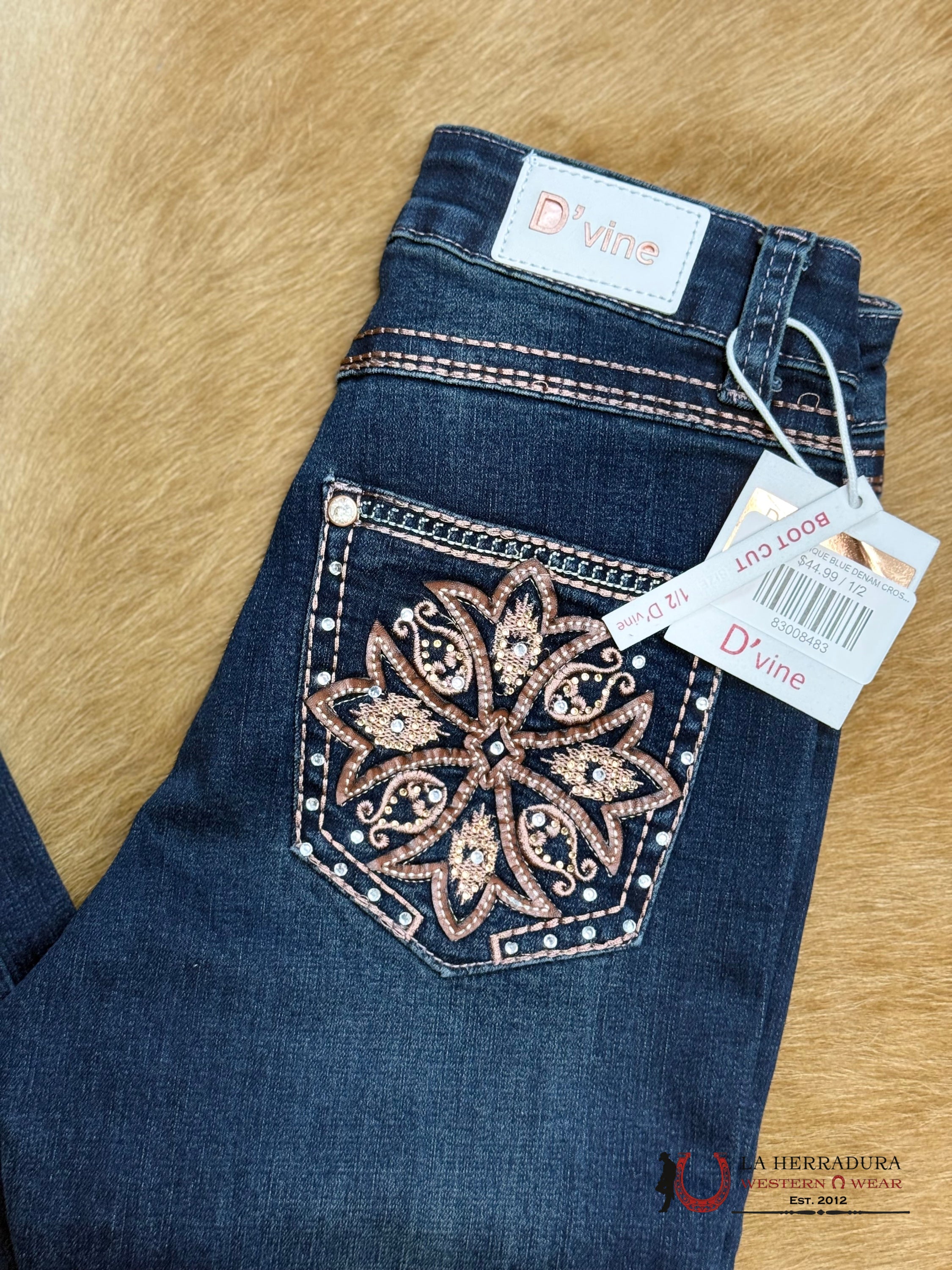 D’VINE ANTIQUE BLUE DENAM CROSS FLOWER BROWN STITCHING RHINESTONE BOOT CUT AD-580 ROPA MUJERES