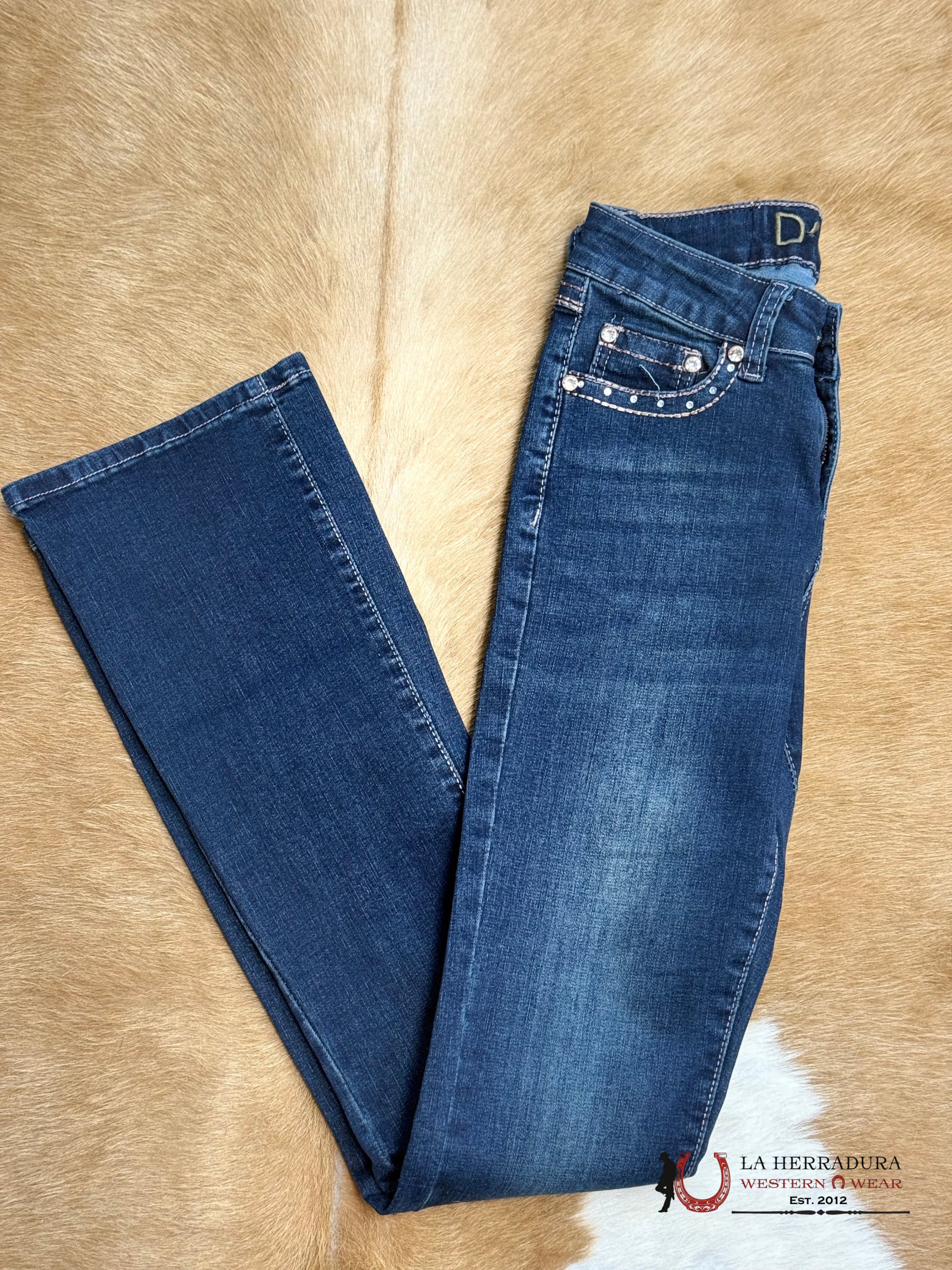 D’VINE ANTIQUE BLUE DENAM CROSS FLOWER BROWN STITCHING RHINESTONE BOOT CUT AD-580 ROPA MUJERES