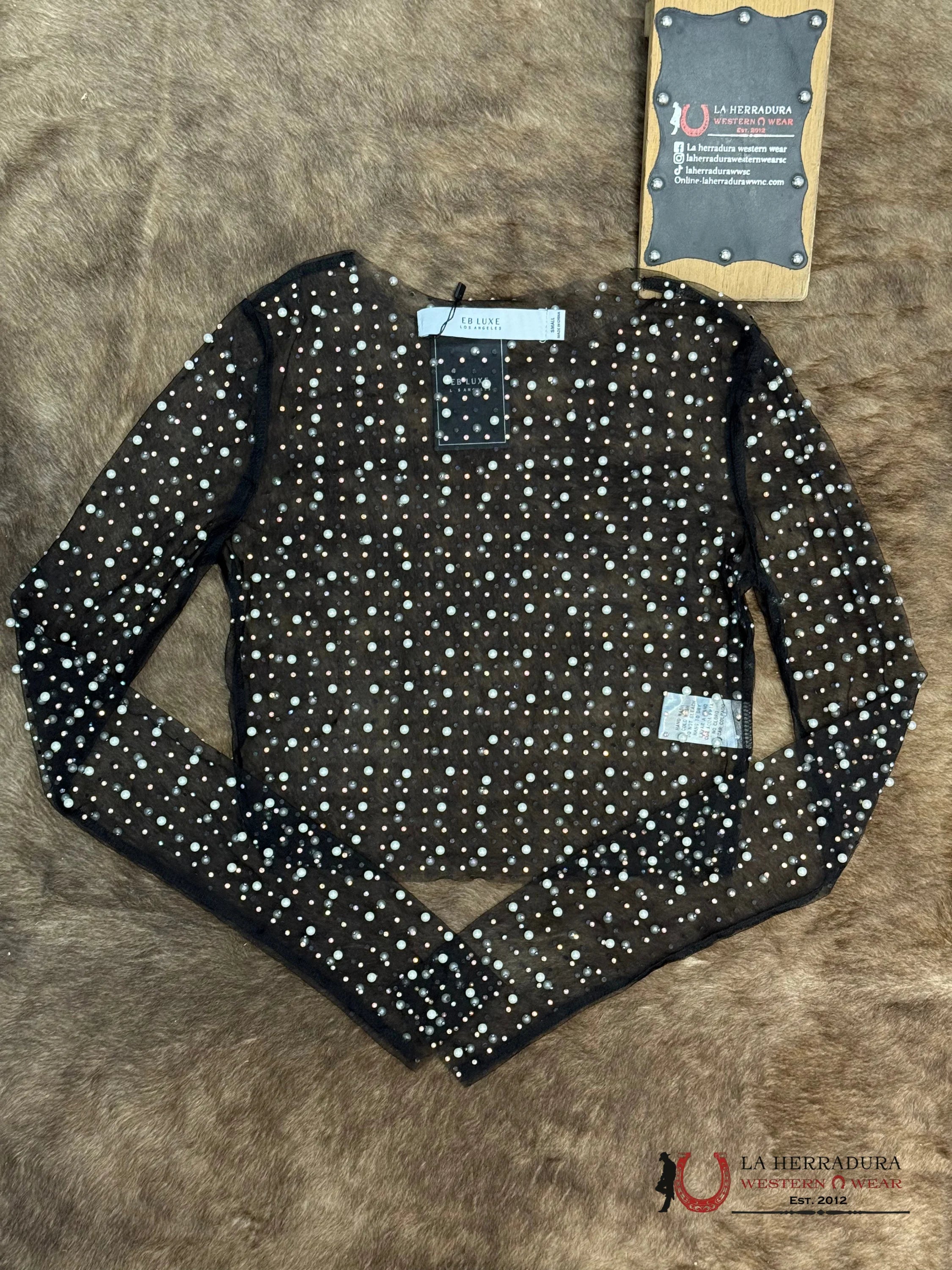 EB LUXE Black sheened translucent long sleeve top UT0561 ROPA MUJERES