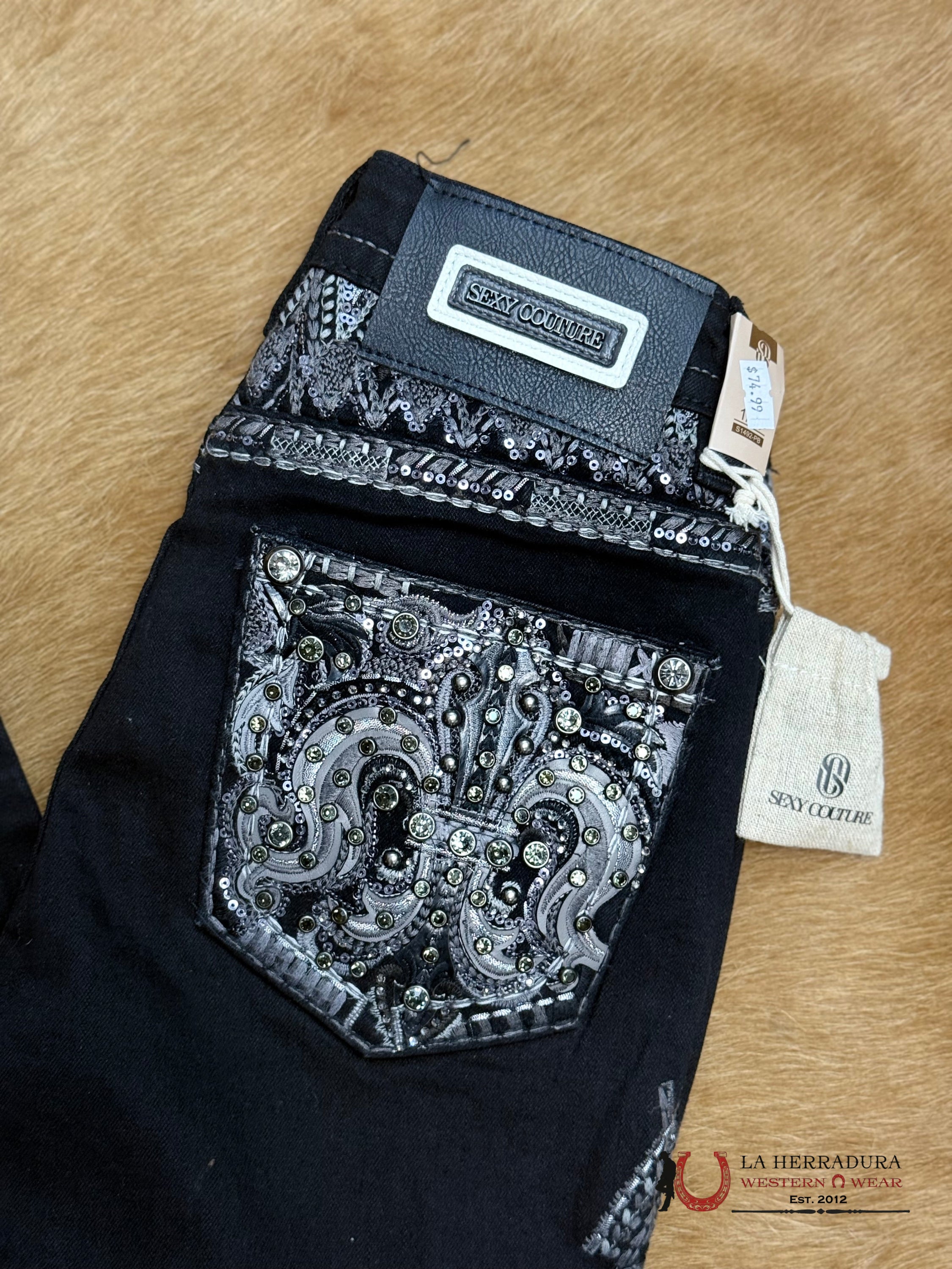ELIZA SEXY COUTURE JEANS BOOT CUT BLACK & GREY STRETCHING EMBROIDERY BLACK RHINESTONE S1492-PB ROPA MUJERES