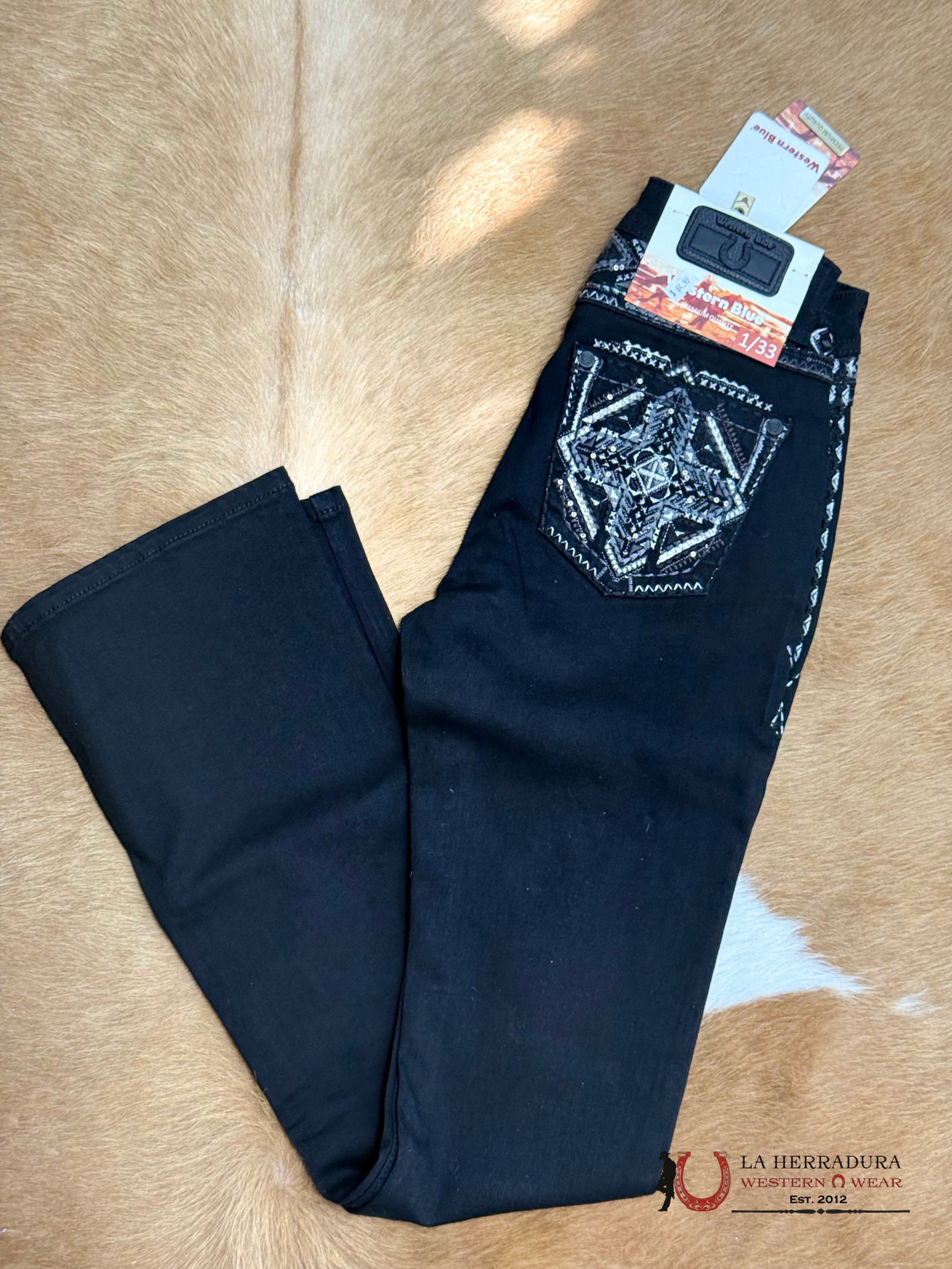 EMILY WESTERN BLUE BLACK BOOT CUT JEAN GRAY CROSS EMBROIDERY W216-PB33 ROPA MUJERES