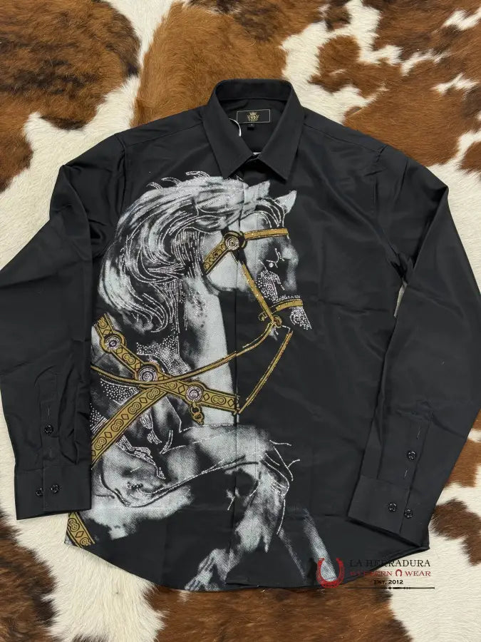 Exotic Black Long Sleeve Shirt With Horse Ropa Hombres