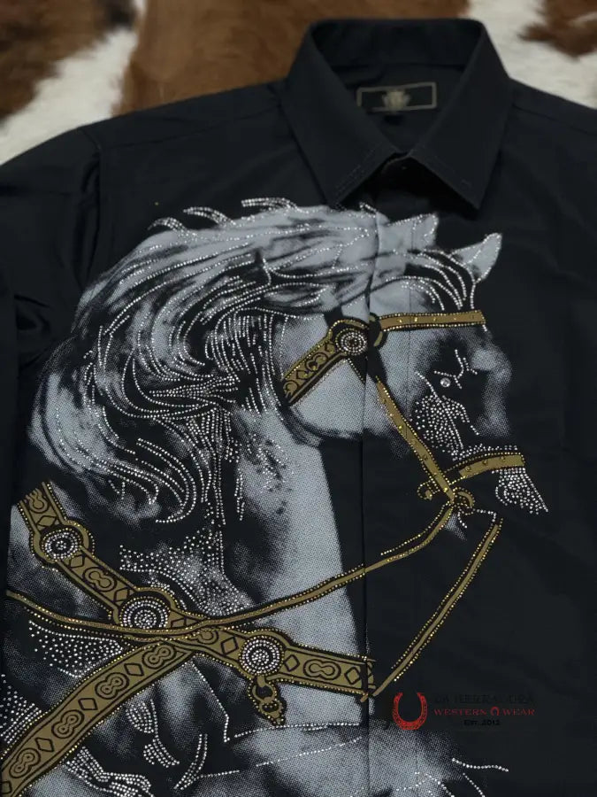 Exotic Black Long Sleeve Shirt With Horse Ropa Hombres