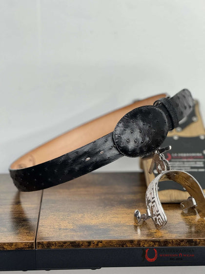 EXOTIC LOS ALTOS OSTRICH BLACK BELT ROUND BUCKLE