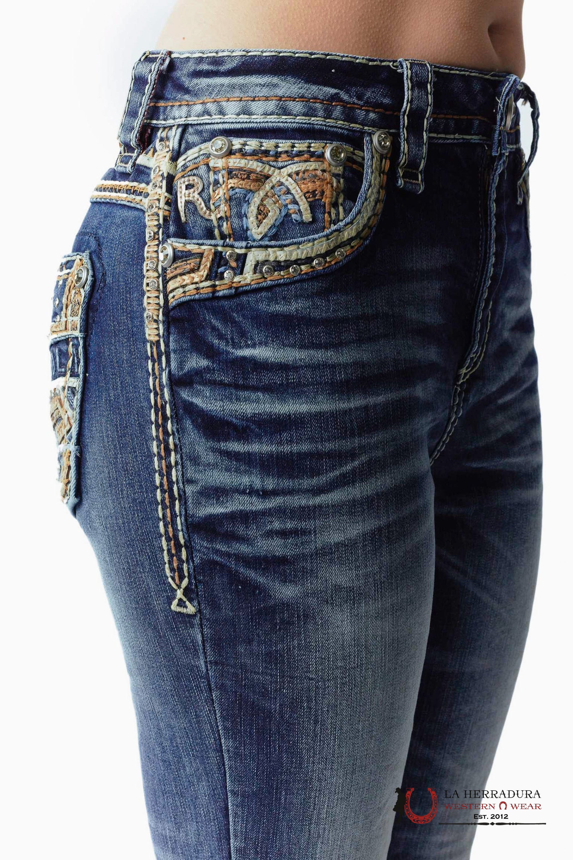 FATIMA ROCK IN LA JEANS BOOT CUT DARK WASH WHITE & TAN EMBROIDERY RA-9317-PB ROPA MUJERES