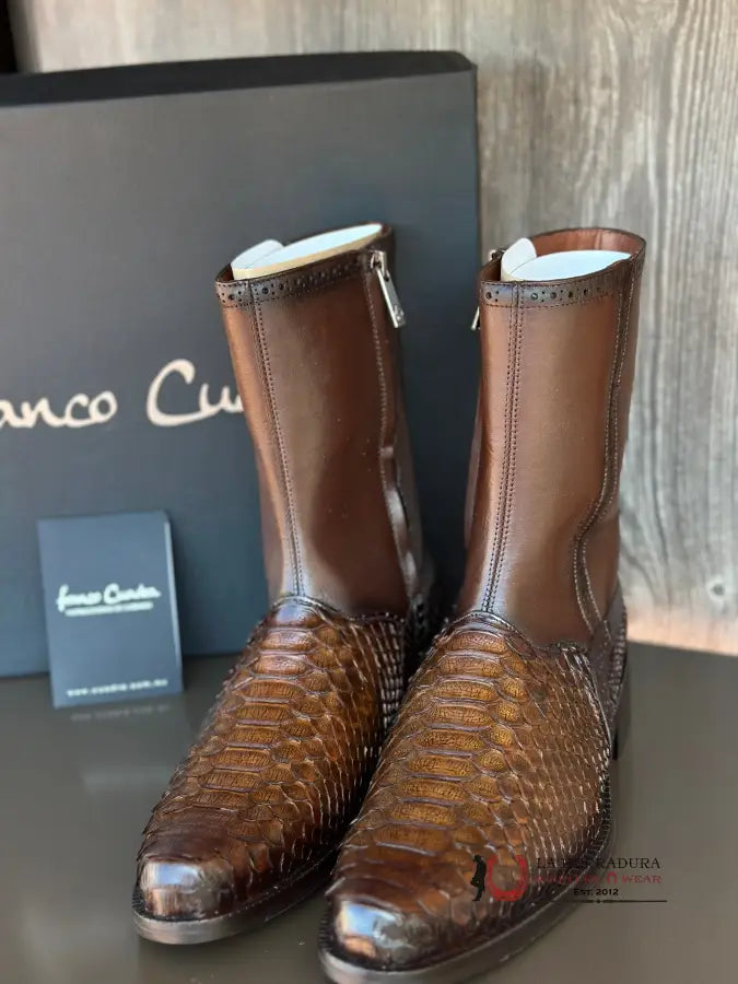 Franco Cuadra Python Ternera Inca Choco Brown Short Boot Botas Hombres