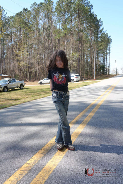 Girls Ariat Steer Rodeo Quincy Short Sleeve Black TShirt- 8678