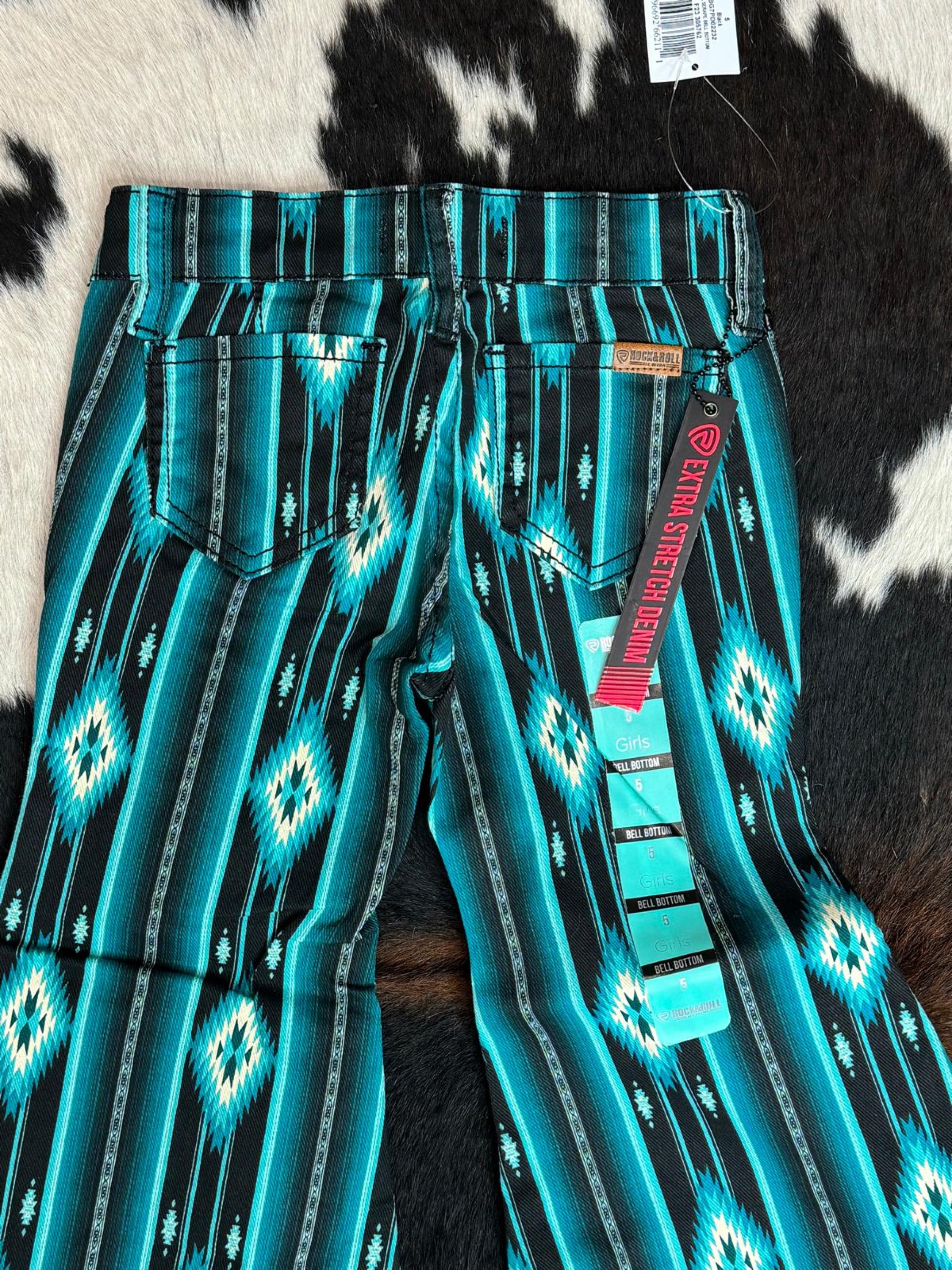 Girls Rock & Roll Black Teal Serape Bell Bottom Niños