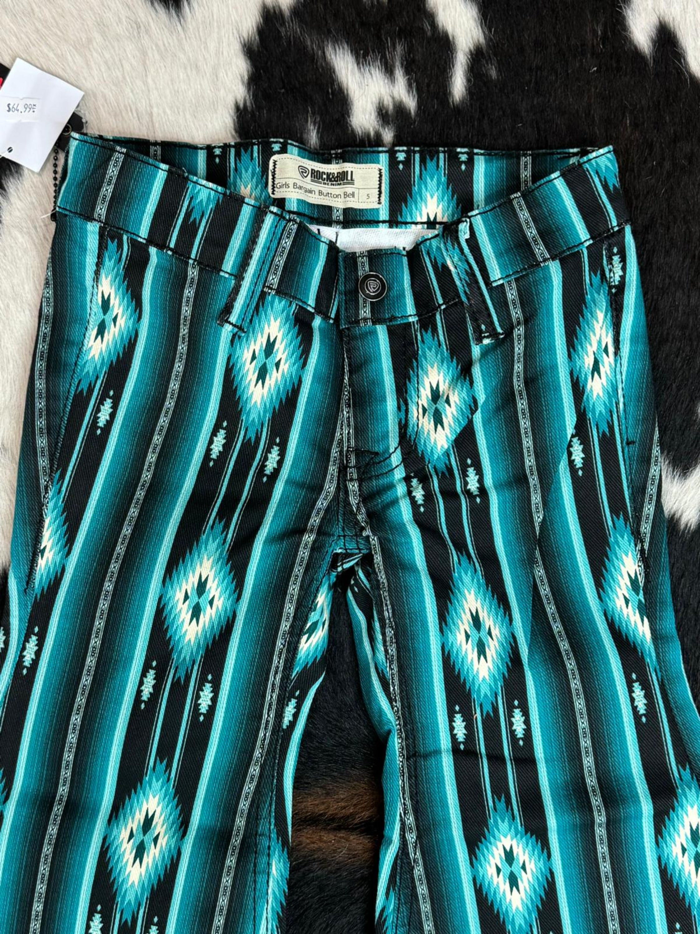 Girls Rock & Roll Black Teal Serape Bell Bottom Niños