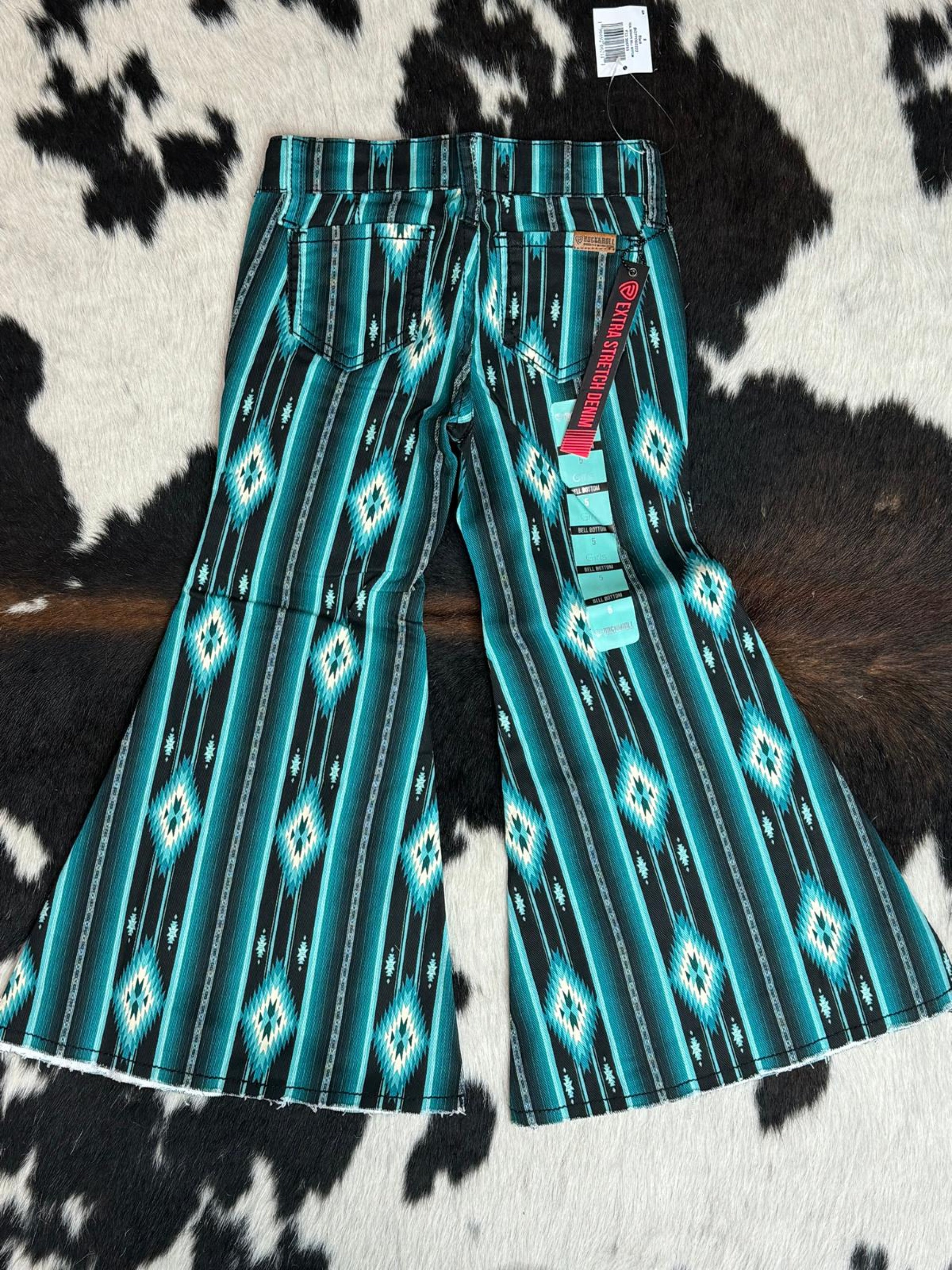 Girls Rock & Roll Black Teal Serape Bell Bottom Niños