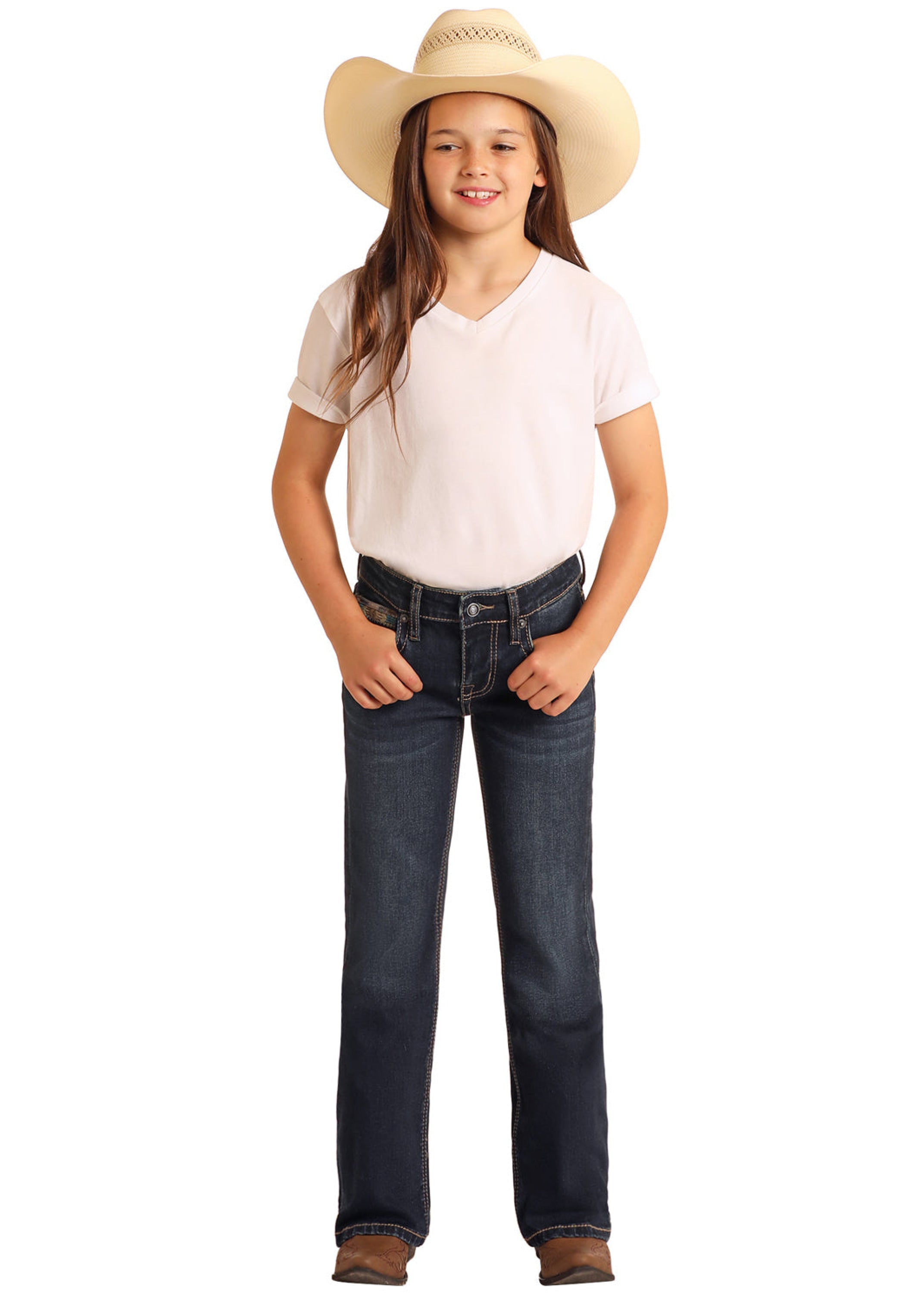 GIRLS ROCK & ROLL DARK WASH COWHIDE EMB BOOTCUT BG4MD06087 NIÑOS