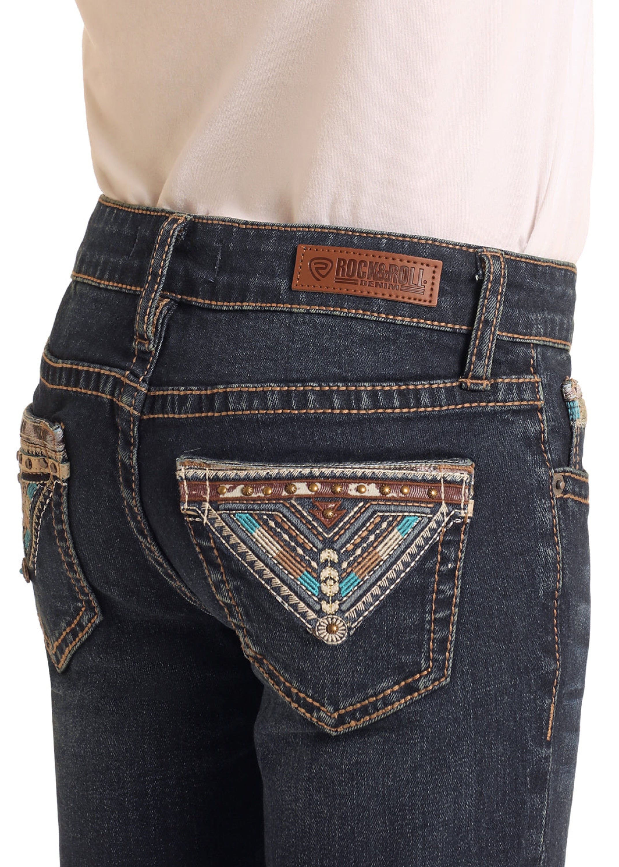 GIRLS ROCK & ROLL DARK WASH COWHIDE EMB BOOTCUT BG4MD06087 NIÑOS