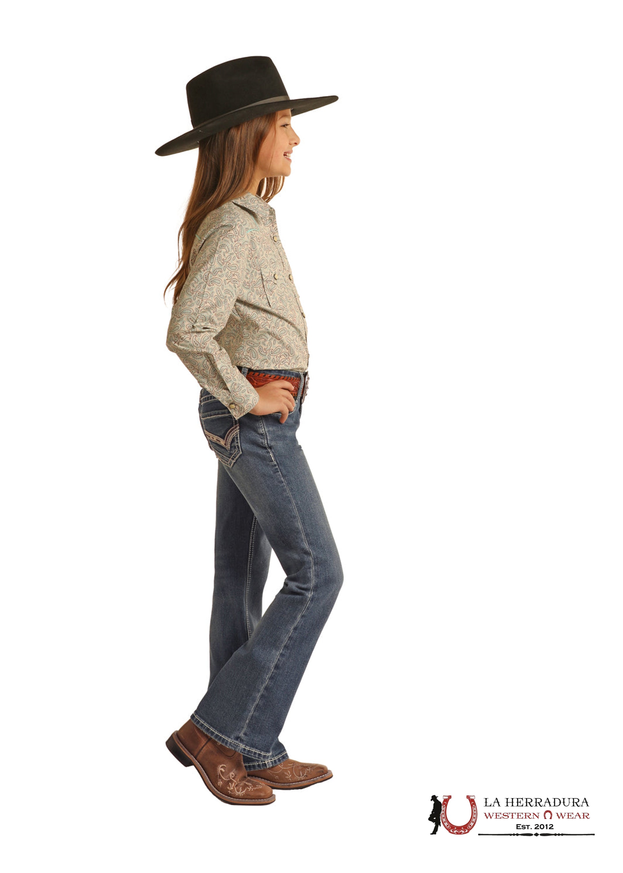 GIRLS ROCK & ROLL MEDIUM COWHIDE EMB MID RISE BOOTCUT BG4MD02554 NIÑOS