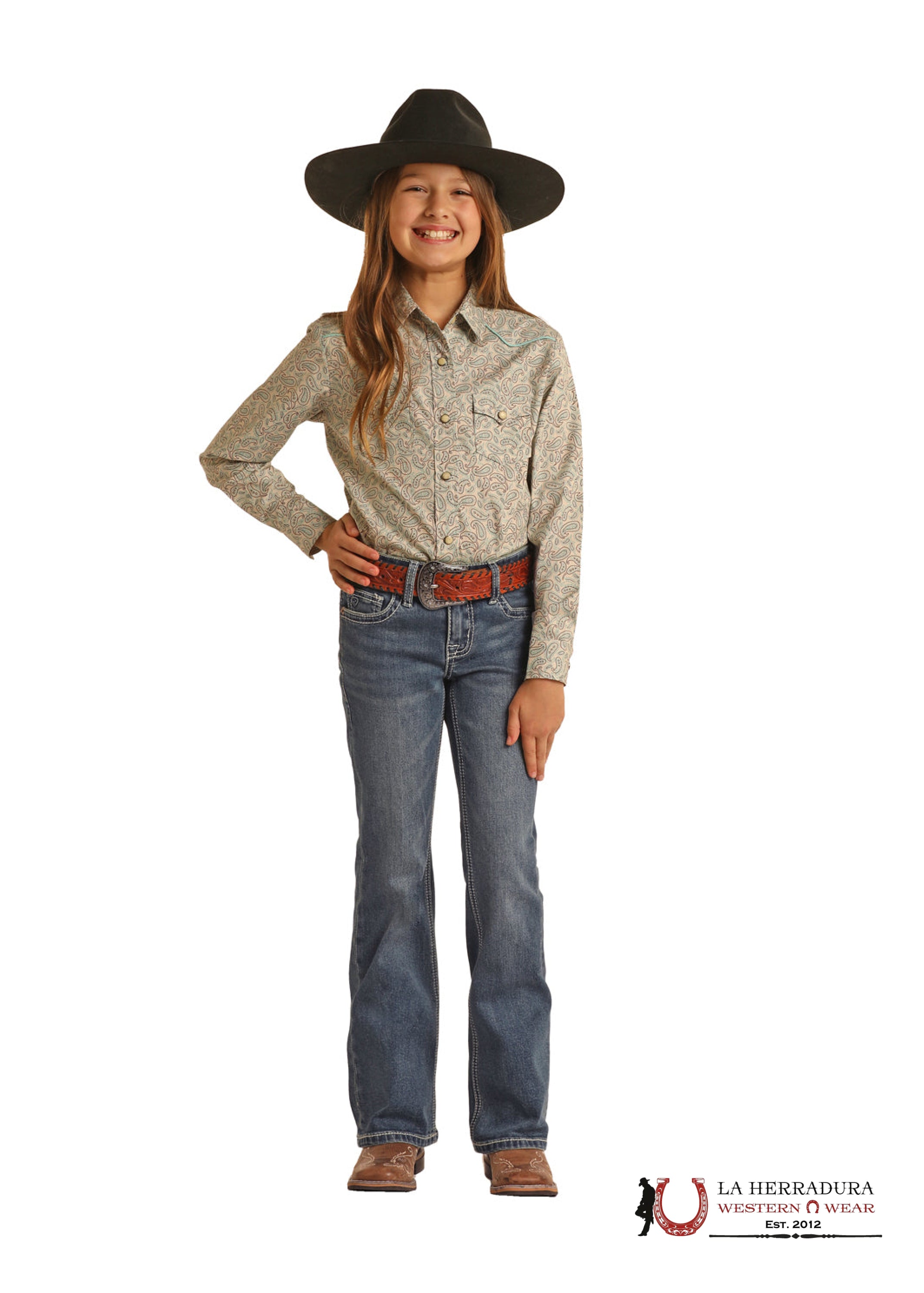 GIRLS ROCK & ROLL MEDIUM COWHIDE EMB MID RISE BOOTCUT BG4MD02554 NIÑOS