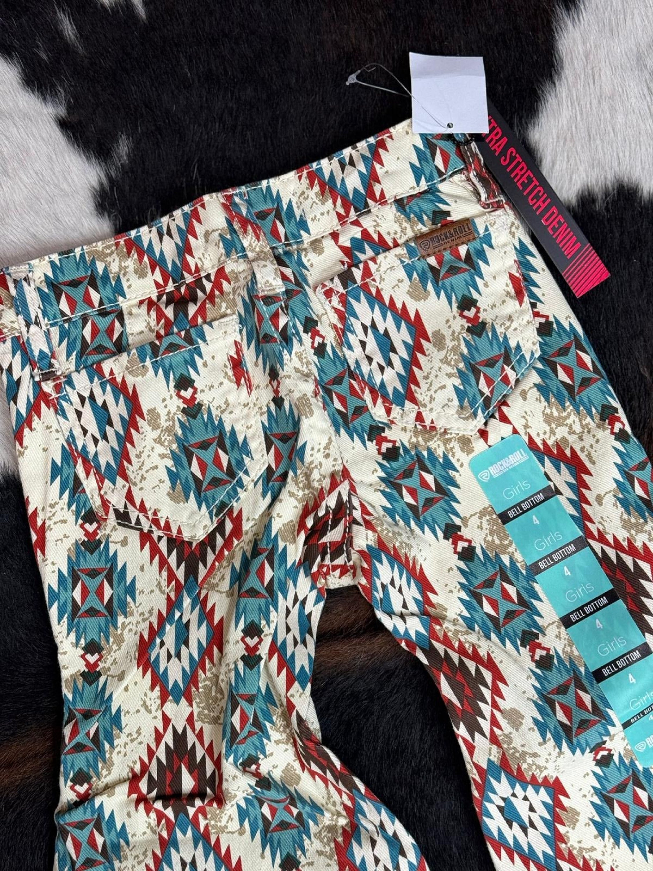 Girls Rock & Roll Natural Cowhide Aztec Bell Bottom Niños