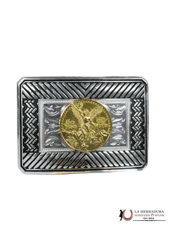 HEBILLA CUADRADA DE ORO DE 50 PESOS CON DISEÑO AZTECA