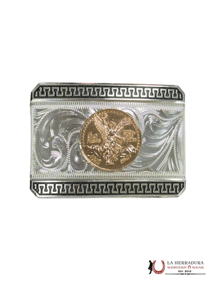 GOLD 50 PESOS SILVER AND BLACK SQUARE BUCKLE
