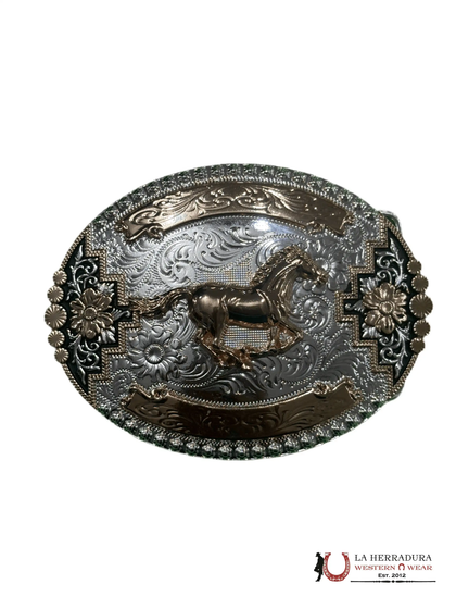 HEBILLA REDONDA CON CABALLO GALOPANDO DE ORO Y PLATA