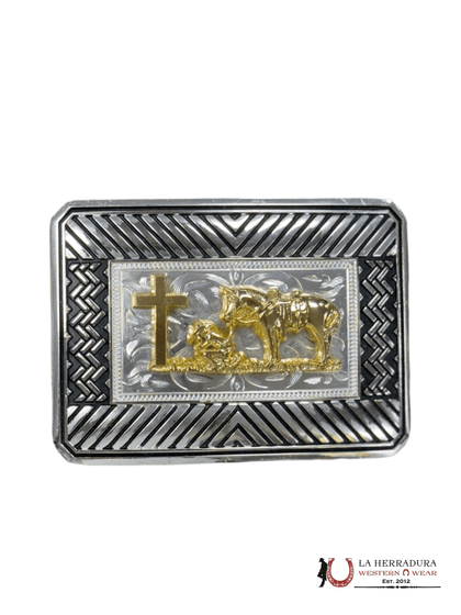 HEBILLA CUADRADA DISEÑO AZTECA DORADO GINETE