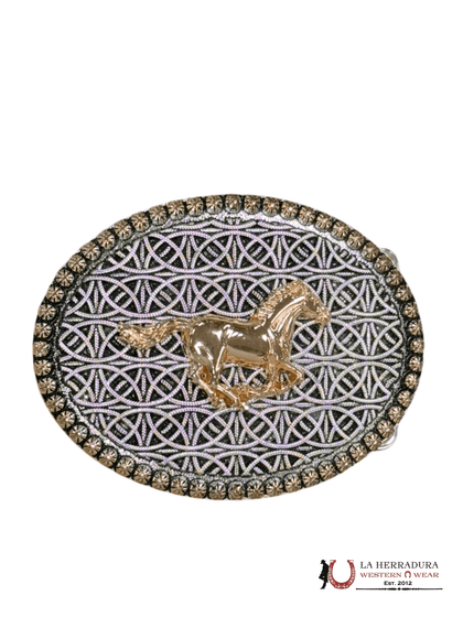 GOLD HORSE RUNNING BLACK AND SILVER ROUND BUCKLE