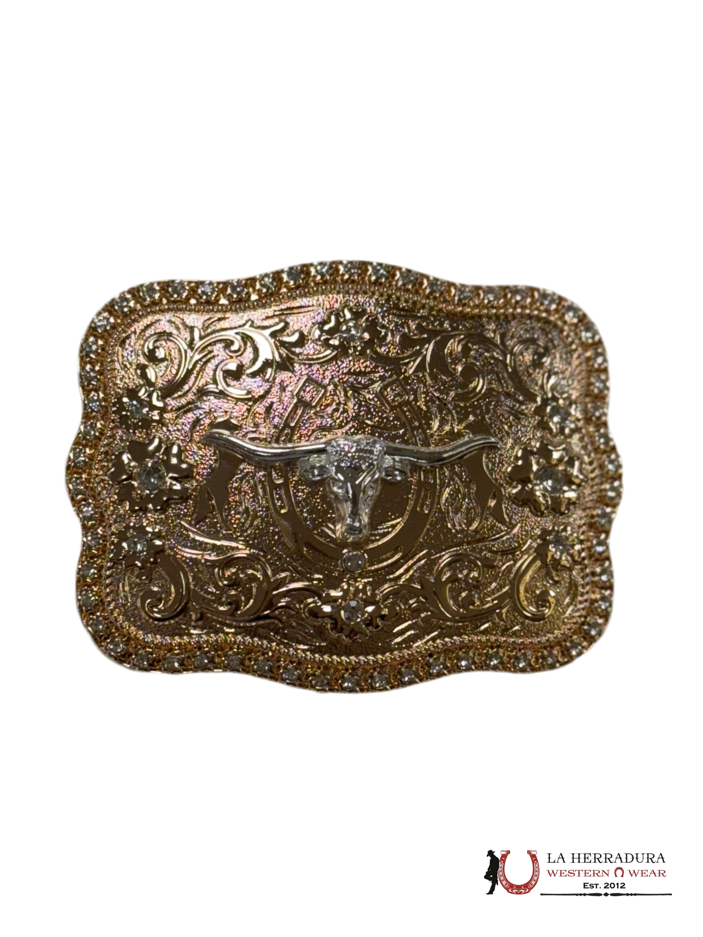 GOLD LONG HORN FLORAL DESIGN SQUARE BUCKLE ACCESORIOS