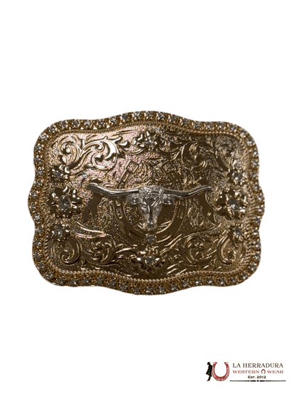GOLD LONG HORN FLORAL DESIGN SQUARE BUCKLE