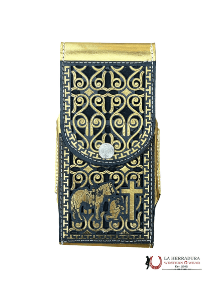 FUNDA DE TELÉFONO DE VAQUERO REZANDO DORADA