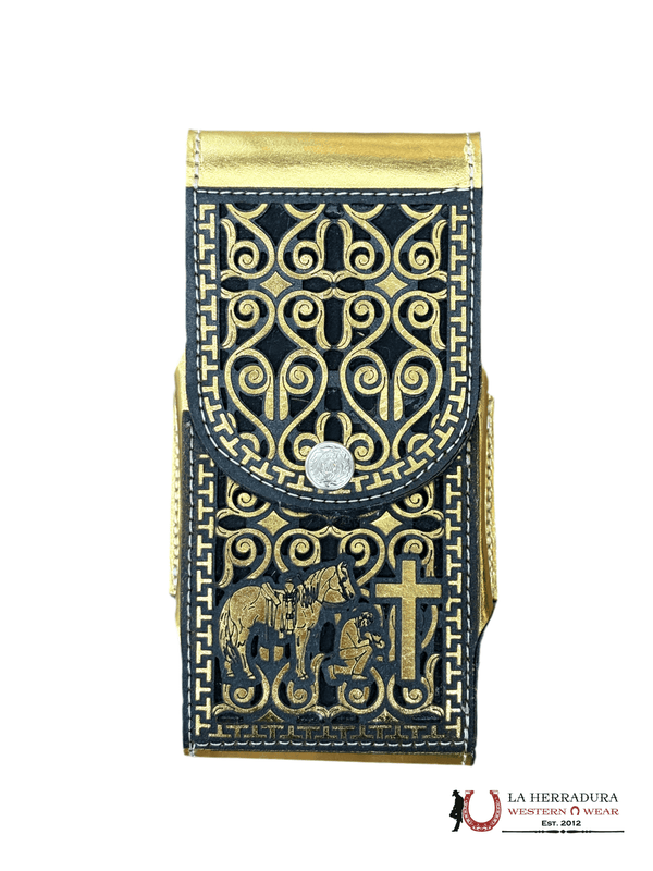 FUNDA DE TELÉFONO DE VAQUERO REZANDO DORADA