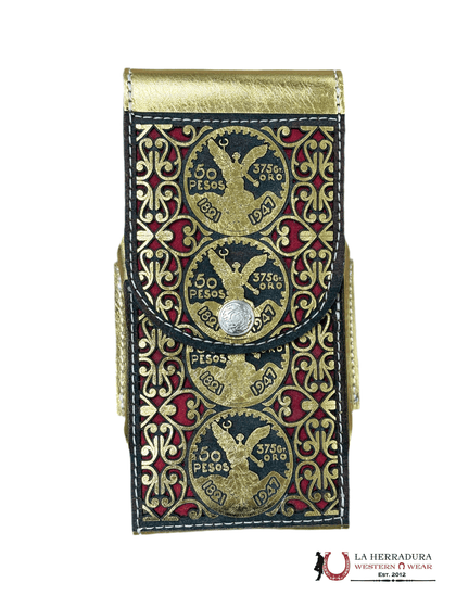 FUNDA PARA TELÉFONO DE 50 PESOS ORO Y ROJO
