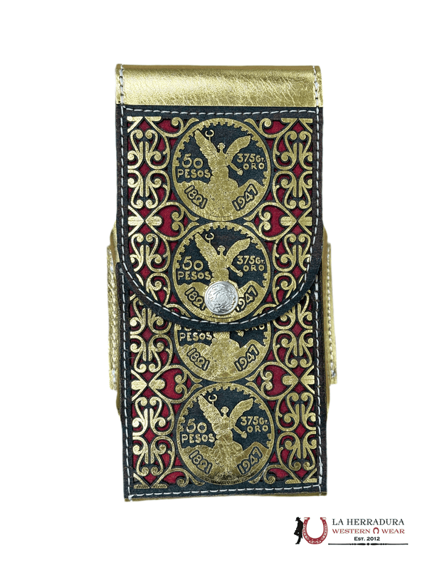 FUNDA PARA TELÉFONO DE 50 PESOS ORO Y ROJO