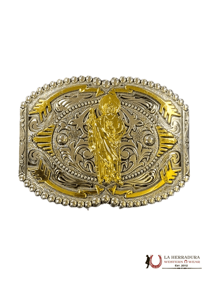 GOLD SAN JUDAS AZTEC DESIGN SQUARE BUCKLE