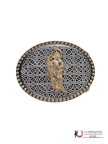 GOLD SAN JUDAS BLACK AND SILVER ROUND BUCKLE