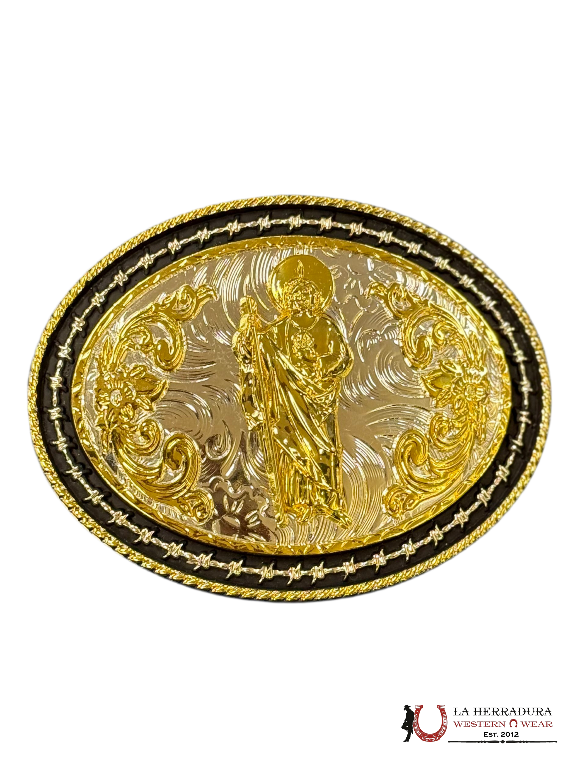 GOLD SAN JUDAS BLACK DETAILS ROUND BUCKLE ACCESORIOS