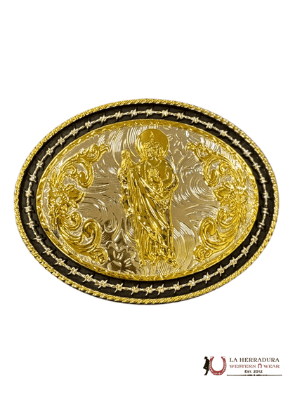 GOLD SAN JUDAS BLACK DETAILS ROUND BUCKLE