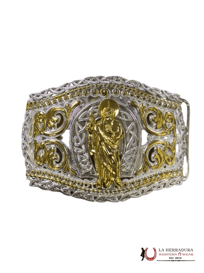 HEBILLA REDONDA DE PLATA CON SAN JUDAS DE ORO