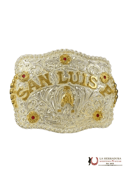 HEBILLA CUADRADA DE ORO SAN LUIS POTOSÍ CON RUBÍES