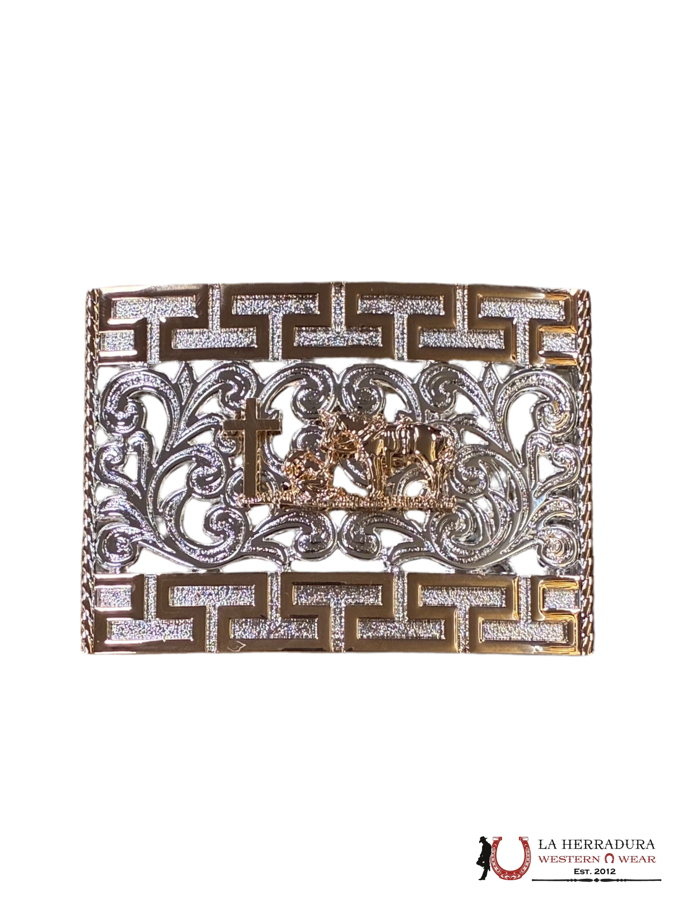 GOLD & SILVER CROSS HORSE SQUARE BUCKLE