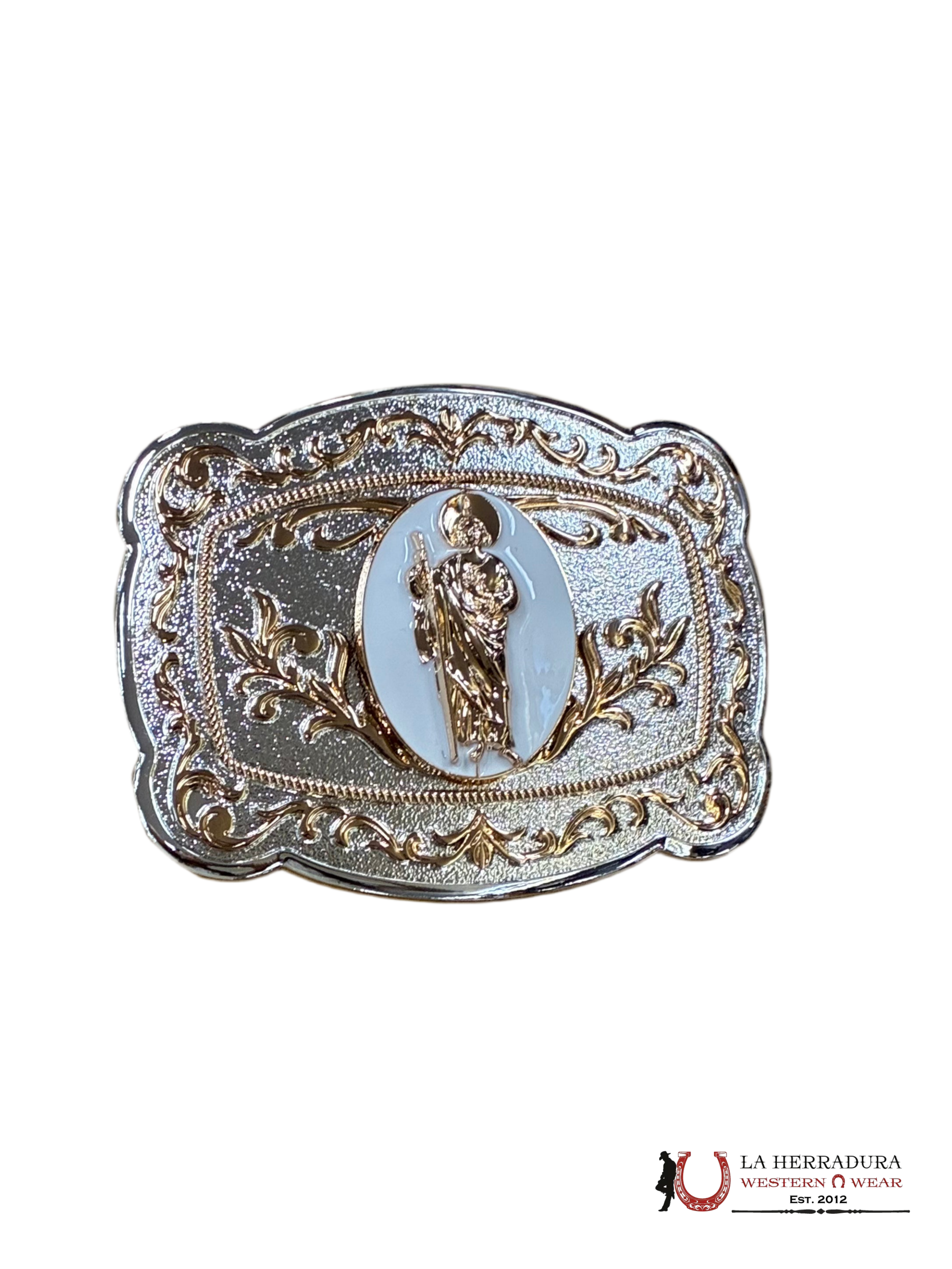 GOLD & SILVER SAN JUDAS CORNER SQUARE BUCKLE