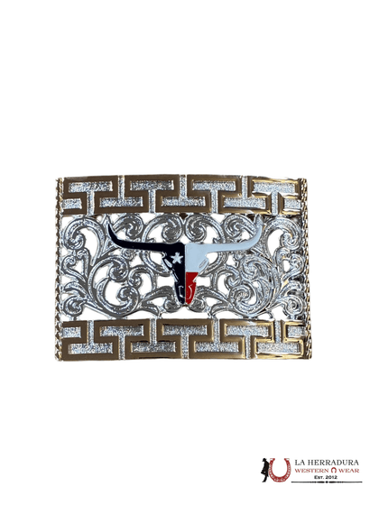 HEBILLA CUADRADA DE CUERNO LARGO CON BANDERA DE TEXAS ORO Y PLATA