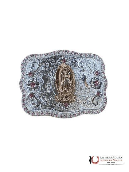 HEBILLA CUADRADA ESQUINADA DE ORO Y PLATA VIRGEN DE GUADALUPE CON DIAMANTES ROSAS